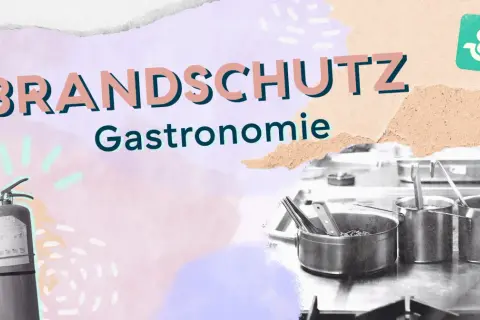 Brandschutz in der Gastronomie ist essenziell. Ein Feuerlöscher und Küchenutensilien sind zu sehen.