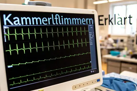 EKG-Monitor zeigt "Kammerflimmern erklärt". Grüne Herzschlagkurven auf schwarzem Bildschirm. Schnelle Hilfe ist entscheidend.