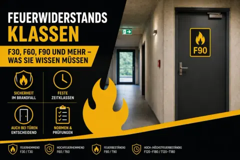 Brandschutztür mit F90-Kennzeichnung in einem Flur. Die Grafik erklärt Feuerwiderstandsklassen wie F90.