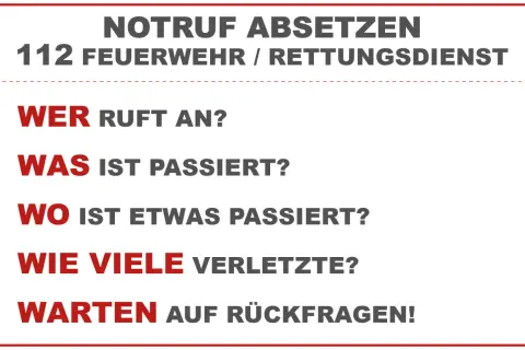 Anleitung zum Notruf absetzen: Wer ruft an? Was ist passiert? Wo ist etwas passiert? Wie viele Verletzte? Warten auf Rückfragen!
