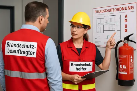 Ein Sicherheitsbeauftragter Pflege und eine Brandschutzhelferin besprechen die Brandschutzordnung.