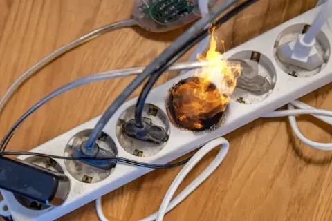 Überlastete Steckdosenleiste mit brennendem Anschluss. Vorsicht vor der Gefahr durch Lithium Ionen Akkus und defekte Geräte!