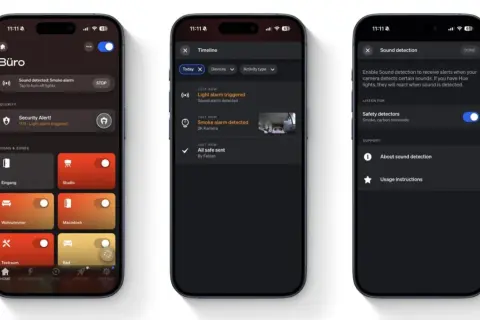 Philips Hue App zeigt einen Rauchmelder-Alarm im Büro an. Die Sounderkennung ist aktiviert, um auf Rauch oder Kohlenmonoxid zu reagieren.