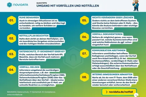 Checkliste für den Umgang mit Vorfällen: Ruhe bewahren, Notfallplan beachten, Vorfall melden. Wichtige Schritte für ein Unternehmen im Ernstfall.