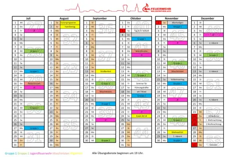 Jahresdienstplan der Feuerwehr Walddorfhäslach: Übersicht der Übungen für Gruppen, Jugendfeuerwehr und Maschinisten.