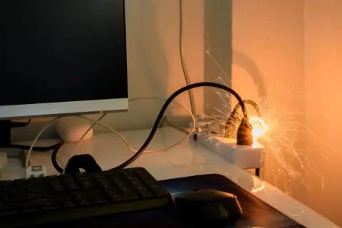 Gefährlicher kabelbrand in der wand: Funken sprühen aus einer Steckdosenleiste, die mit einem Computer verbunden ist.