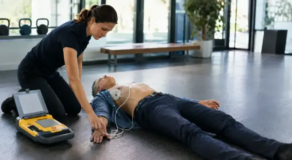 Sanitäterin klebt AED-Elektroden auf Brust eines Mannes, der auf dem Boden liegt. Ein Defibrillator steht daneben.