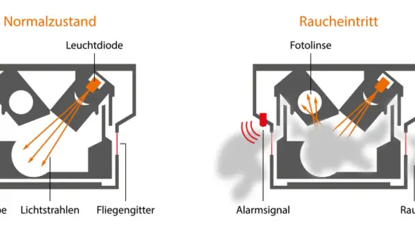 Schema erklärt die rauchmelder funktion: Im Normalzustand leuchten Lichtstrahlen ungestört. Bei Raucheintritt werden sie gestreut, was den Alarm auslöst.