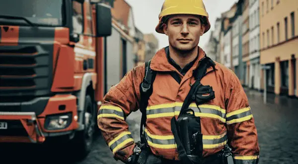 Ein Feuerwehrmann der Berufsfeuerwehr in voller Montur steht vor einem roten Feuerwehrauto.