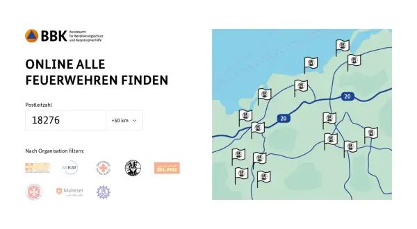 Karte mit Markierungen für Feuerwehren, die verschiedene Aufgaben erfüllen. Suche nach Feuerwehren in deiner Nähe.