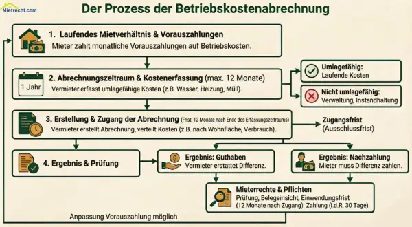 Flussdiagramm erklärt den Prozess der Betriebskostenabrechnung: Vorauszahlungen, Erfassung, Erstellung, Ergebnis (Guthaben/Nachzahlung) und Mieterrechte.
