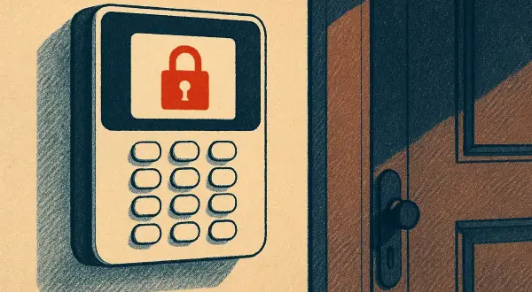 Alarmanlage mit rotem Schloss-Symbol und Tastatur neben einer Tür. Bereit zum Test.