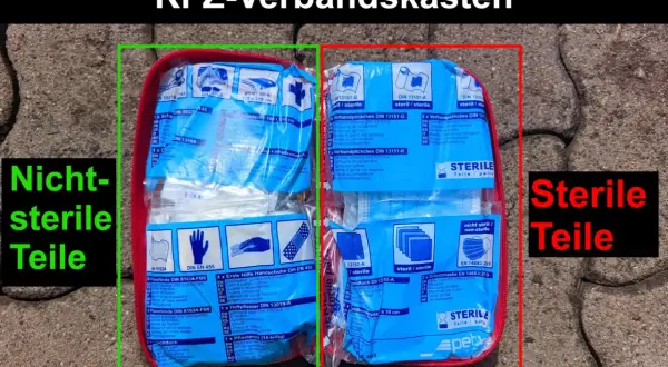 KFZ-Verbandskasten mit abgelaufenem Inhalt: Nicht-sterile Teile links, sterile Teile rechts.