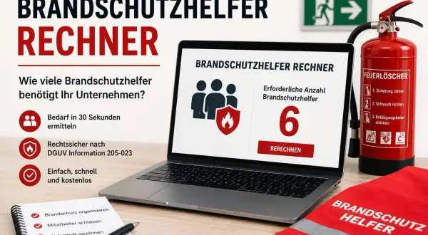Brandschutzhelfer Rechner zeigt, dass 6 Brandschutzhelfer benötigt werden. Ein Feuerlöscher und eine Weste sind ebenfalls zu sehen.