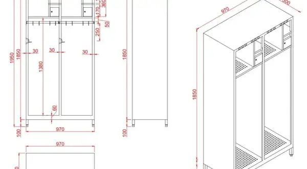 Technische Zeichnung eines zweitürigen Jugendfeuerwehr Spindes mit Hakenleiste und Ablagefächern.