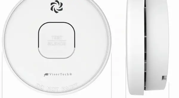 VisorTech Rauchmelder Test: Weißer Rauchmelder mit Test/Silence-Taste und Logo. Maße 100 mm Durchmesser, 34 mm Höhe.