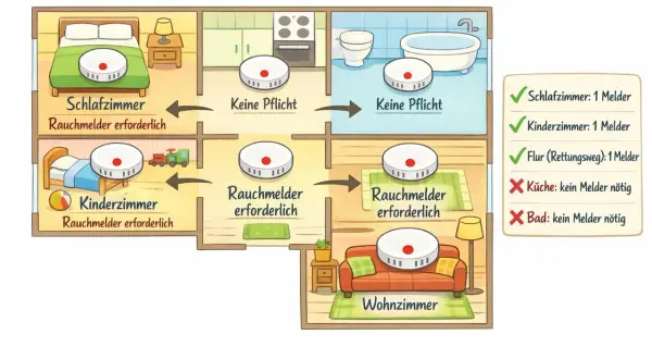 Grundriss zeigt, wer Rauchmelder installieren darf: Pflicht in Schlaf-, Kinderzimmern & Flur. Küche & Bad brauchen keinen Melder.