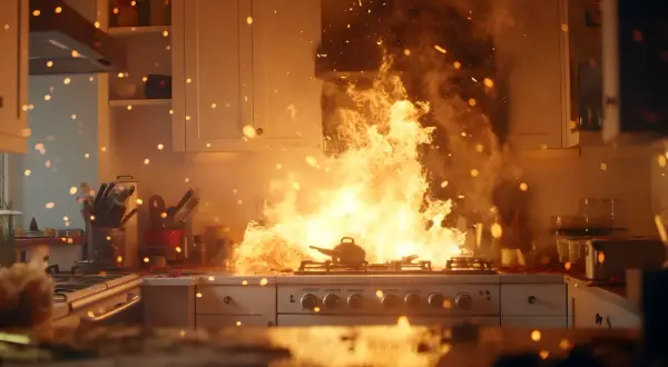 Flammen lodern auf dem Herd, eine Küche brennt lichterloh. Fettbrände sind die Brandursache Nummer 1 im Haushalt. Vorsicht ist geboten!