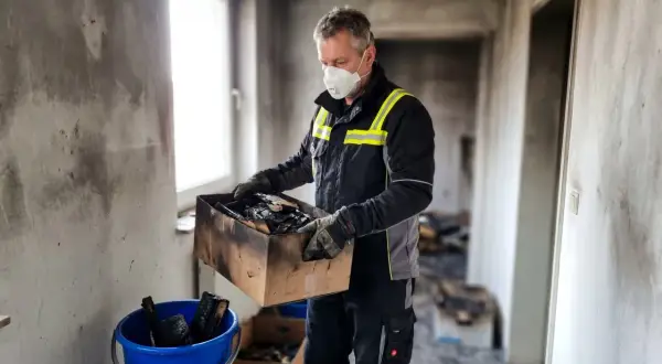 Mann mit Maske sortiert Brandgut in Karton. Wohnung nach Brand unbewohnbar was tun?