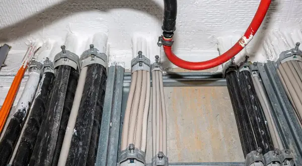 Bündel von Kabeln, darunter auch brandschott Kabel, sind an einer Wand befestigt. Ein rotes und ein schwarzes Kabel führen von oben.