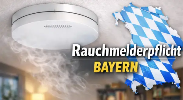 Rauchmelderpflicht in Bayern: Ein Rauchmelder an der Decke warnt vor Brandgefahr. Die bayerische Landeskarte im Rautenmuster symbolisiert die Pflicht.