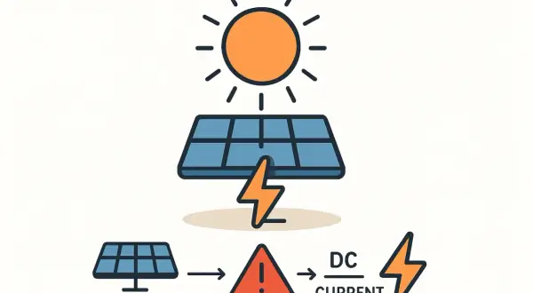 Sonnenlicht trifft PV-Panel, erzeugt Strom. Achtung: Gleichstrom kann einen Stromschlag verursachen.