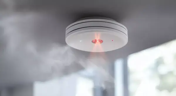 Rauchmelder mit rotem Licht und Dampf. Ein Fehlalarm bei Rauchmeldern kann teuer werden, aber Sicherheit geht vor.