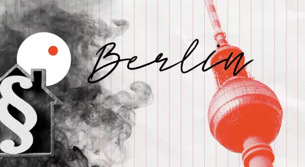 Rauchmelder Pflicht Berlin: Ein Haus mit Paragraphenzeichen und Rauch, daneben der Schriftzug "Berlin" und der Fernsehturm.