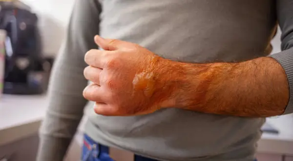 Schwere Verbrennungen 3. Grades an Hand und Unterarm, mit Blasenbildung und Rötung.