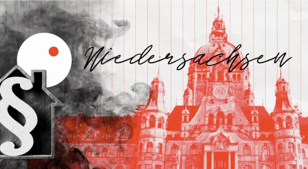Rauchmelder-Pflicht in Niedersachsen: Ein Haus mit Paragraphen-Symbol und Rauch, dazu die Silhouette eines Gebäudes.