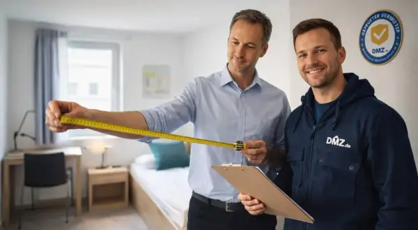 Zwei Männer messen einen Raum für bauliche Anforderungen einer Ferienwohnung. Einer hält ein Maßband, der andere eine Klemmbrett.