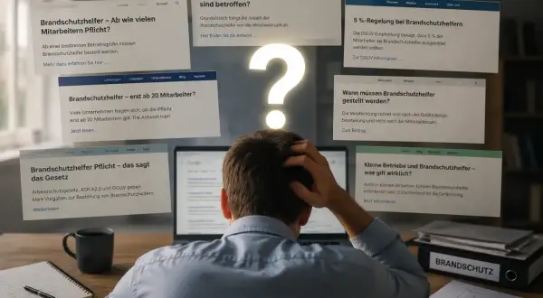 Mann sucht nach Informationen zur Brandschutzhelfer Pflicht. Mehrere Webseiten mit Fragen wie "Ab wie vielen Mitarbeitern Pflicht?" und "Welche Firmen sind betroffen?" schweben um ihn herum.