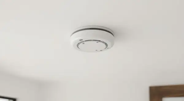 Moderner Rauchmelder an der Decke. Rauchmelder kleben verboten, nur fachgerechte Montage!