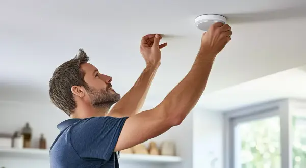 Mann montiert Rauchmelder an der Decke. Endlich keine Rauchmelder in der Wohnung mehr vergessen!