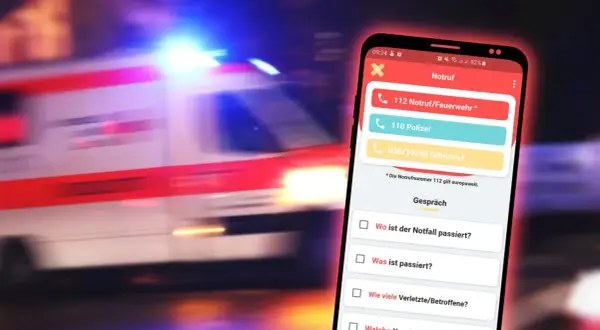 Notruf-App mit wichtigen Nummern und Fragen zur Erfassung von Notfällen. Hilft Ersthelfern bei ihren Aufgaben.