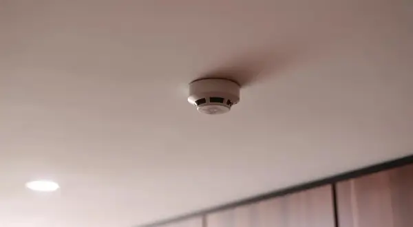 Ein weißer Rauchmelder an der Decke. Sein Alter feststellen ist wichtig für die Sicherheit.