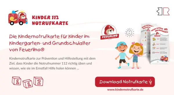 Kinder lernen, wie sie den Notruf absetzen können. Die Kindernotrufkarte von Feuerlino hilft ihnen dabei.