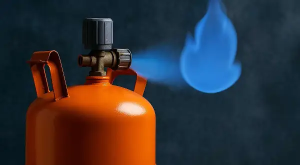 Orange Gasflasche mit blauem Flammenstrahl. Einatmen von Gas kann gefährlich sein.