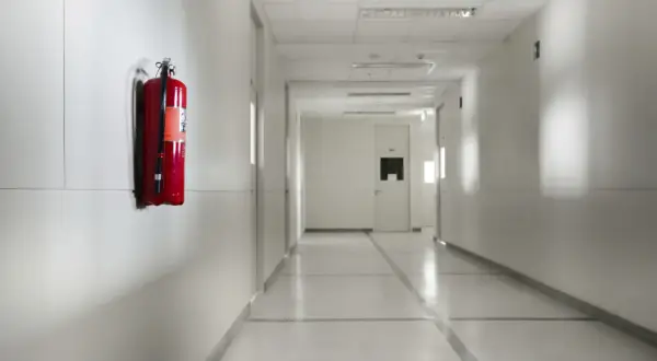 Roter Feuerlöscher an Wand im Flur. Wichtig für die brandschutzbegehung checkliste word.