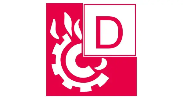 Symbol für Brandklasse D: Zahnrad mit Flammen und dem Buchstaben D in einem Quadrat.