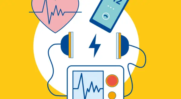 Herzschlag, Notruf (112) und ein Defibrillator mit Elektroden. Die Defibrillator Funktion ist entscheidend für die Wiederbelebung.