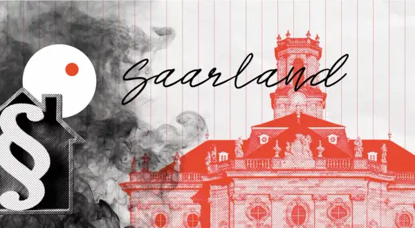 Rauchmelder-Pflicht im Saarland: Ein Haus mit Paragrafenzeichen und Rauch symbolisiert die gesetzliche Vorgabe für Sicherheit.