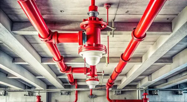Rote Rohre einer Sprinkleranlage, die für die Wartung vorbereitet sind, verlaufen unter einer Beton-Decke.