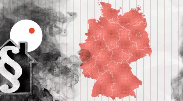 Rauchmelder-Wartung: Wenn Mieter nicht anwesend sind, kann dies rechtliche Folgen haben. Deutschlandkarte mit Rauch und Paragraphen-Symbol im Haus.