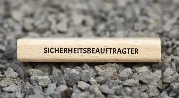 Ein Holzstab mit der Aufschrift "SICHERHEITSBEAUFTRAGTER KITA" liegt auf grauem Schotter.