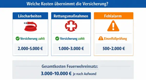 Grafik zeigt Kostenübernahme bei Feuerwehreinsätzen: Löscharbeiten (2-5k€), Rettungsmaßnahmen (1-3k€), Fehlalarm (0,5-2k€). Finanzielle Hilfe nach Brand ist oft durch Versicherung abgedeckt.