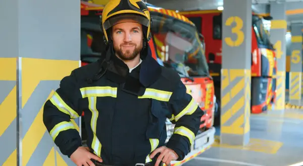 Ein Feuerwehrmann im Einsatz, bereit für seinen wichtigen Beruf. Im Hintergrund stehen Einsatzfahrzeuge in einer Garage.