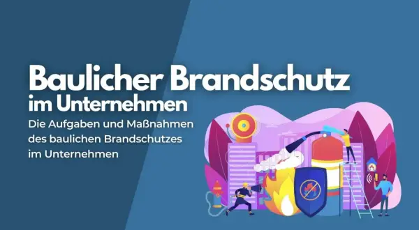 Illustration zum baulichen Brandschutz im Unternehmen. Ein Feuerlöscher wird bedient, ein Schild mit Brandschutzsymbol und eine Sirene sind zu sehen. Die Landesbauordnung Bremen ist hierbei relevant.