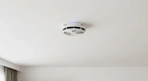 Rauchmelder an der Decke mit blauem Licht. Ein Fehlalarm durch zu hohe Luftfeuchtigkeit ist möglich.