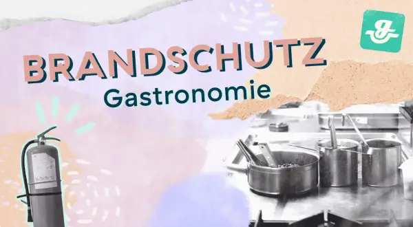 Brandschutz in der Gastronomie ist essenziell. Ein Feuerlöscher und Küchenutensilien sind zu sehen.
